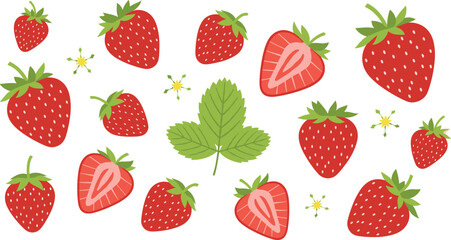Strawberry fruit elements set. Whole strawberries, sliced berries, leaf and flowers. Fresh red berry collection for organic food design, farm packaging and summer fruit themes. © HELEN QUEEN