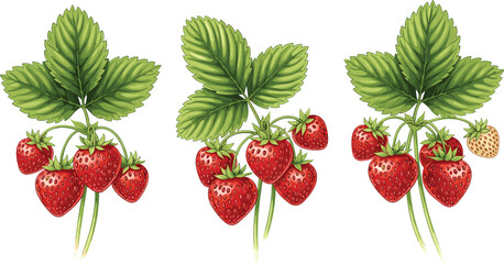 Strawberry plant illustration set. Fresh red strawberries growing with green leaves. Garden berry clusters for organic farm design, healthy fruit packaging and natural food themes. © HELEN QUEEN