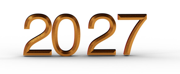 Golden metallic 2027 numbers stand on a white background, representing the upcoming year. Perfect...