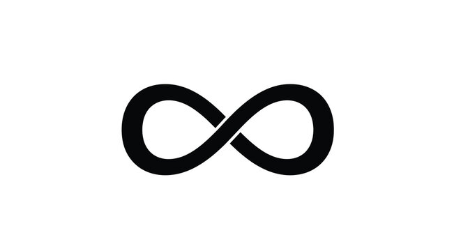 A stark white background features a bold black infinity symbol representing endlessness and cyclical concepts high quality professional detailed