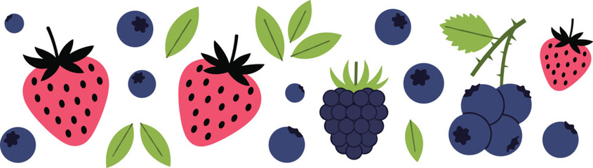 Cute berry fruit vector border. Strawberry, blueberry and blackberry with leaves. Fresh summer berries decorative illustration. © HELEN QUEEN