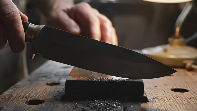 Close up of a craftsman sharpening a large knife on a whetstone in a workshop