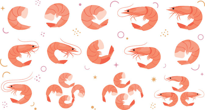 Fresh seafood set with whole shrimp prawns peeled shellfish meat lemon slices seaweed and shells flat vector illustration isolated on white background for restaurant menu.