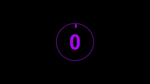 Circle countdown timer one minute animation from 5 to 0 second animation with alpha channel, 5 second countdown timer, Countdown video on black background.