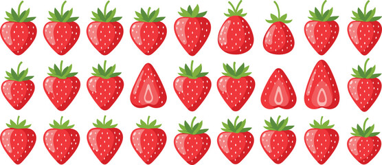 Strawberry fruit icon set. Fresh red strawberries and sliced halves. Cute berry collection for healthy food design, farm packaging and summer fruit themes. © HELEN QUEEN