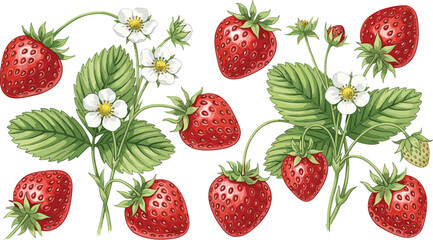 Strawberry botanical illustration set. Fresh ripe strawberries with leaves and flowers. Garden berry elements for organic food packaging, farm labels and natural summer designs. © HELEN QUEEN