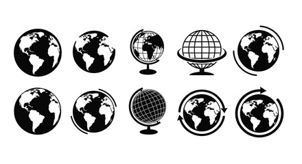 A collection of black silhouette globe icons depicting earth some with stands and rotation arrows high quality professional detailed © RMvectors02