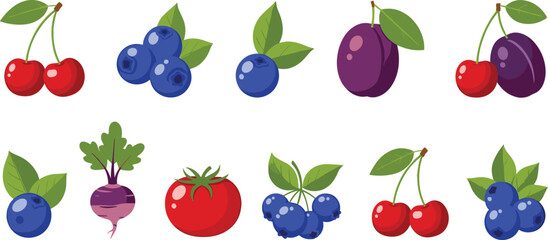Fruit and berry vector set. Blueberries, cherries, plums, tomato and beetroot with leaves. Fresh organic produce icons for healthy food design, farm packaging and grocery themes. © HELEN QUEEN