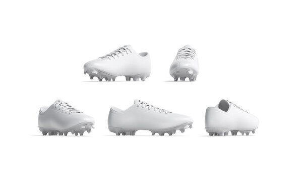 Blank white single soccer boot mockup, different angles views, 3d rendering. Empty running or football boots for training mock up, isolated. Clear athlete foot uniform for player template.