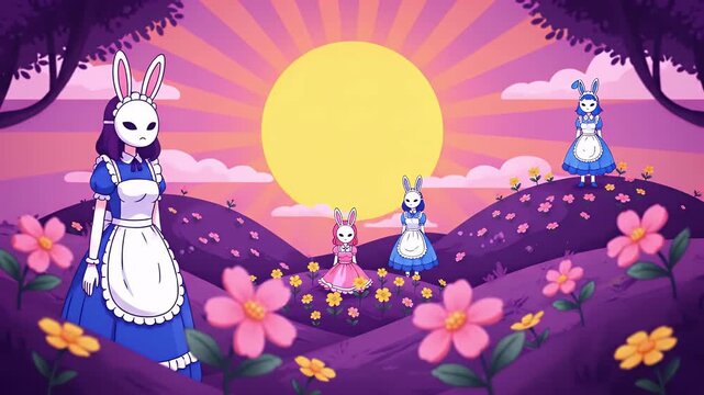 Rabbit girls appearing in lavender flower field lofi vertical animation. Bunny masks in frilly aprons. Surreal fantasy dreamcore. Lo fi 2D cartoon animated video. Chill aesthetic, live wallpaper
