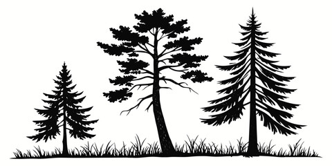 Obraz premium Three black silhouette trees on grassy ground