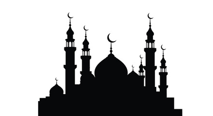 A striking black silhouette depicts an ornate mosque with crescent moons minarets and domes against a white background © RMvectors02