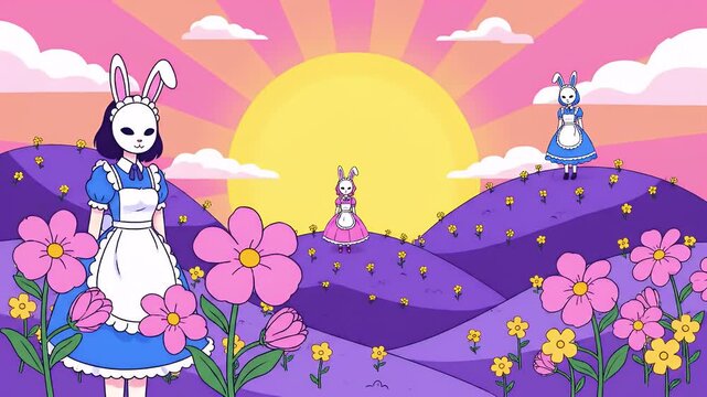 Rabbit girls appearing in lavender flower field lofi vertical animation. Bunny masks in frilly aprons. Surreal fantasy dreamcore. Lo fi 2D cartoon animated video. Chill aesthetic, live wallpaper
