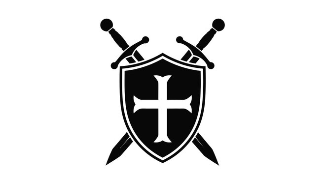 A stark black and white image depicts two crossed swords positioned behind a shield adorned with a cross high quality professional