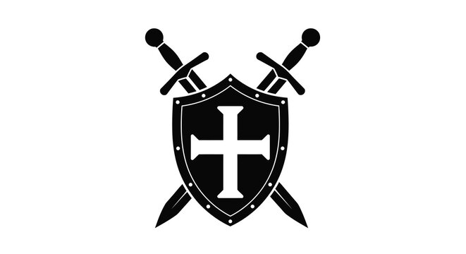 A striking black silhouette depicts two crossed swords positioned behind a shield bearing a prominent white cross high quality