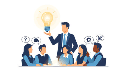 Illumination of Ideas: A group of professionals engage in collaborative brainstorming. One individual holds a glowing lightbulb, representing inspiration. © Rokaiya