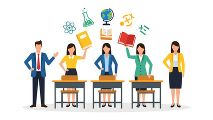 Fototapeta premium Empowering Minds: A dynamic group of educators, each holding a symbol of learning, radiates knowledge and inspires progress in the realm of education.