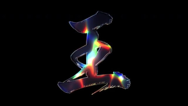 A brush-painted Kanji "王" shimmering with various colored lights on a glass-like surface with an alpha channel. Seamless loop video.