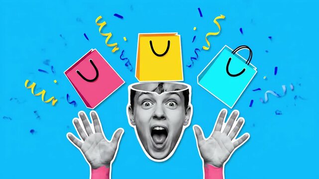 Excited person with shopping bags exploding from head, celebrating success and consumerism with confetti