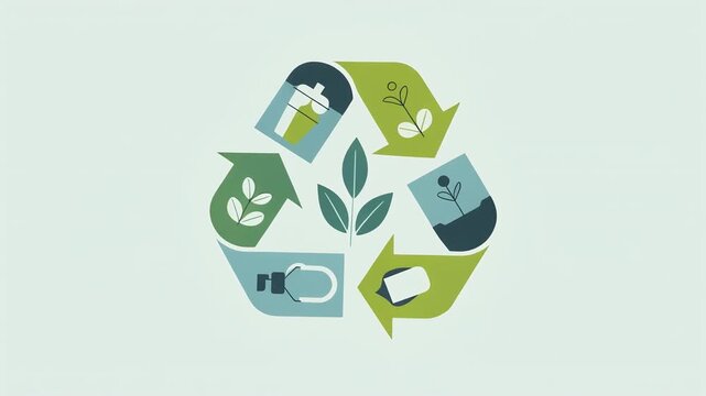 Simple flat vector illustration of a recycling cycle diagram with minimalist geometric shapes, clean lines, and modern eco-friendly design.
