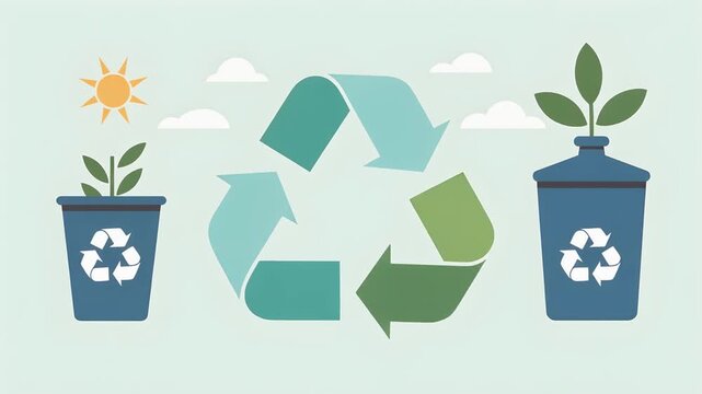 Simple flat vector illustration of a recycling cycle diagram with minimalist geometric shapes, clean lines, and modern eco-friendly design.
