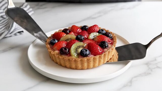 Fresh colorful fruit tart being served on white plate dessert presentation