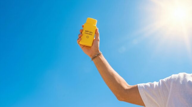 Sunny Skin Shield Yellow Sunscreen Bottle Raised to the Summer Sky.