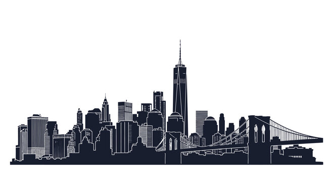 A striking black and white silhouette depicts the iconic new york city skyline featuring the empire state building and brooklyn bridge