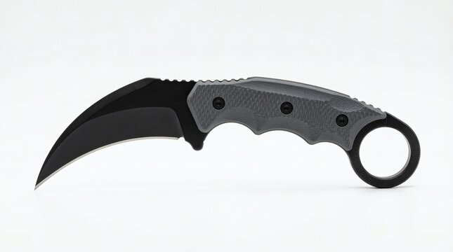 Curved Karambit Grey tactical knife with ring grip on white with closeup.