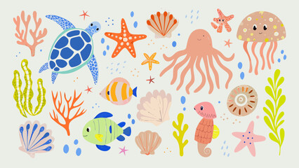 Colorful illustration featuring various marine life and decorative elements