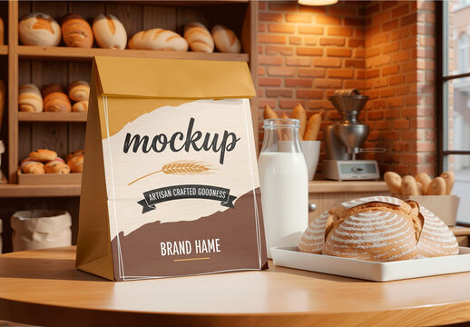 Realistic Paper Bag Mockup In Bakery