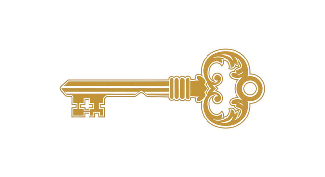 An ornate golden key is displayed against a stark white background symbolizing access mystery and potential high quality professional
