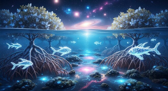 Underwater fantasy scene with glowing fish and trees reflected in water