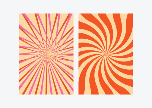 Groovy swirl sunburst background. Retro wavy radial pattern starburst with vibrant orange and yellow rays. Perfect for vintage, pop art, and energetic designs.