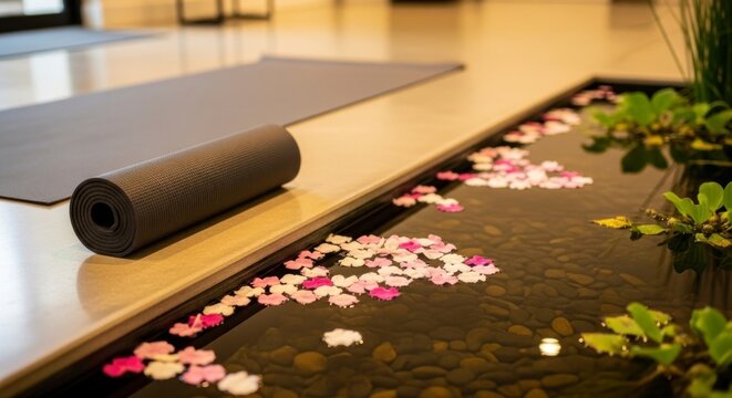 Yoga mat rolled and spread near a decorative water feature with flowers