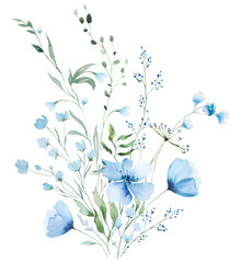 Floral bouquet with blue watercolor wildflowers and leaves, hand drawn wedding illustration