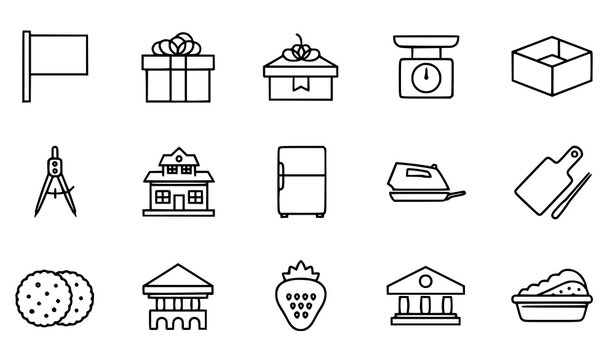 Thin line everyday objects icon set with flag gift scales japanese house restaurant kitchen and food vector collection