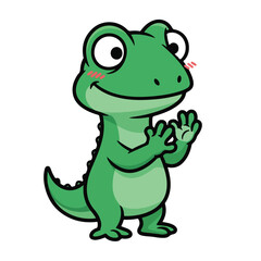 Obraz premium Green cartoon lizard waving with a friendly smile on white background