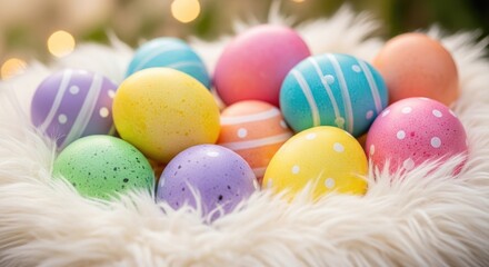 Fototapeta premium Vibrant easter eggs on fuzzy white surface celebrating spring and easter holiday with colorful decorations and traditional symbols