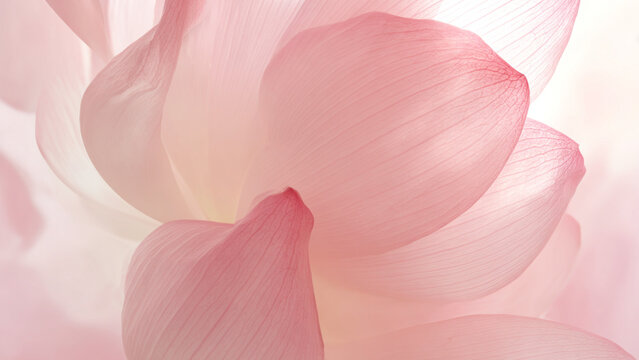 delicate pink flower petals, likely from a lotus or similar flower. The petals are arranged in a soft, overlapping pattern against a light background, creating a sense of movement and fluidity. The tr