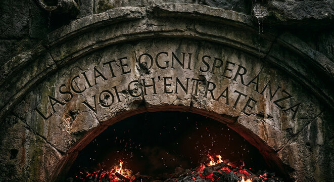 Ancient stone archway with fiery entrance, symbolic illustration of Dante's quote, "Abandon hope, all ye who enter here."