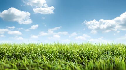 Fototapeta premium Lush Green Grass Field Under Bright Blue Sky with Soft Clouds