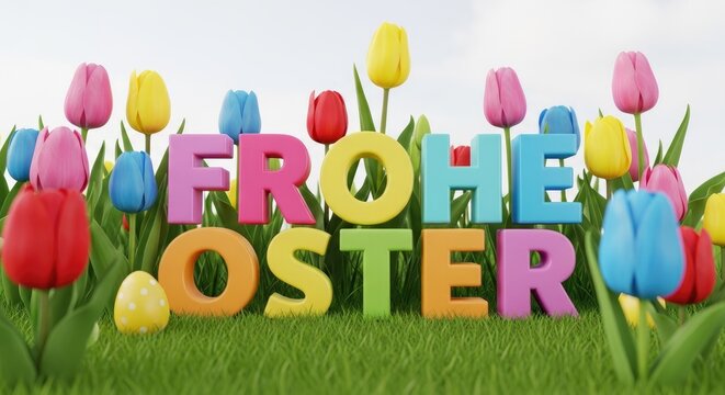 Vibrant easter greeting with colorful tulips and 'frohe oster' in blooming garden easter celebration and springtime joy
