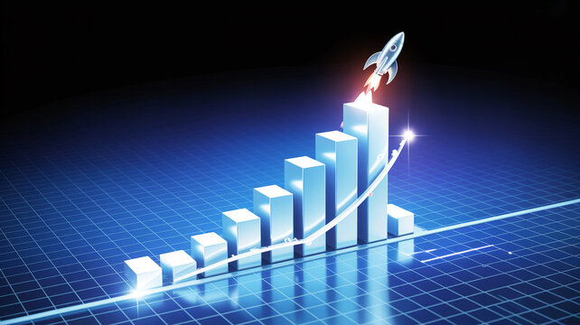 Shining blue bar chart with rocket taking off on top  symbolizing business growth and success