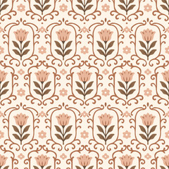 Vintage ornamental floral seamless pattern with tulip flowers and decorative frames on beige background classic botanical repeating design for fabric textile wallpaper. © Sommai