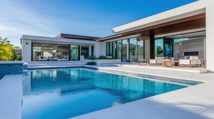 Fototapeta premium Modern home with a sleek design overlooking a clear pool under a bright blue sky