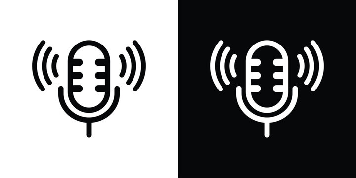 Minimalist outline microphone icon with signal rays. Vector linear design for live streaming, active voice recording, and podcasting. Modern UI element for web and mobile app interfaces.