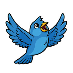 Obraz premium Blue cartoon bird with open beak and outstretched wings in mid flight