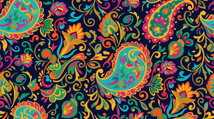 Vibrant and intricate paisley pattern with colorful floral and teardrop motifs on a dark background, showcasing traditional textile design. © Abhinaya Project