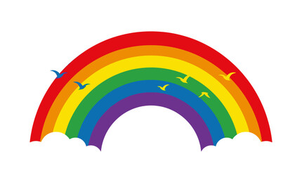 Fototapeta premium A vibrant, colorful rainbow arching across a clear sky with small birds flying around it and fluffy white clouds at its base, symbolizing hope and joy.